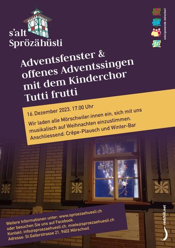 Adventsfenster und offenes Adventssingen mit dem Kinderchor Tutti frutti & Crêpe-Plausch
